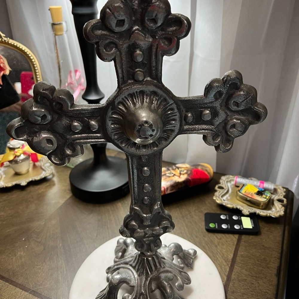 Ornate Silver Cross on Marble Stand